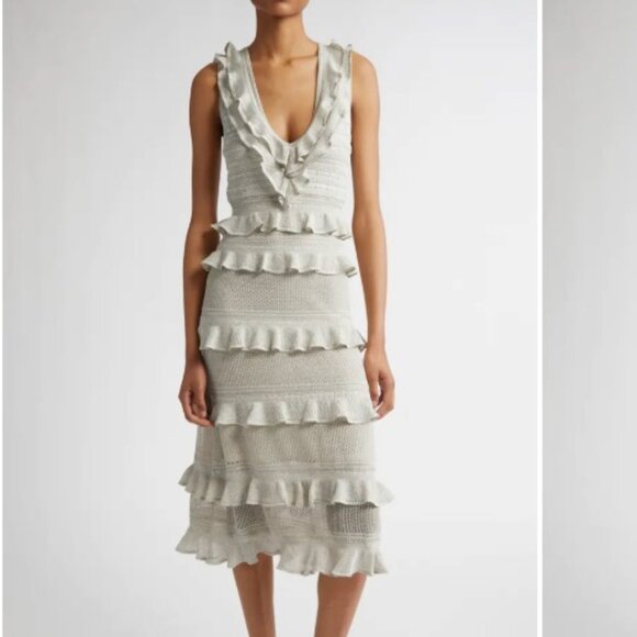 NWT Zimmermann Crush Frilled Sleeveless Sweater Midi V Neck Dress Silver Size 6 - Picture 1 of 11